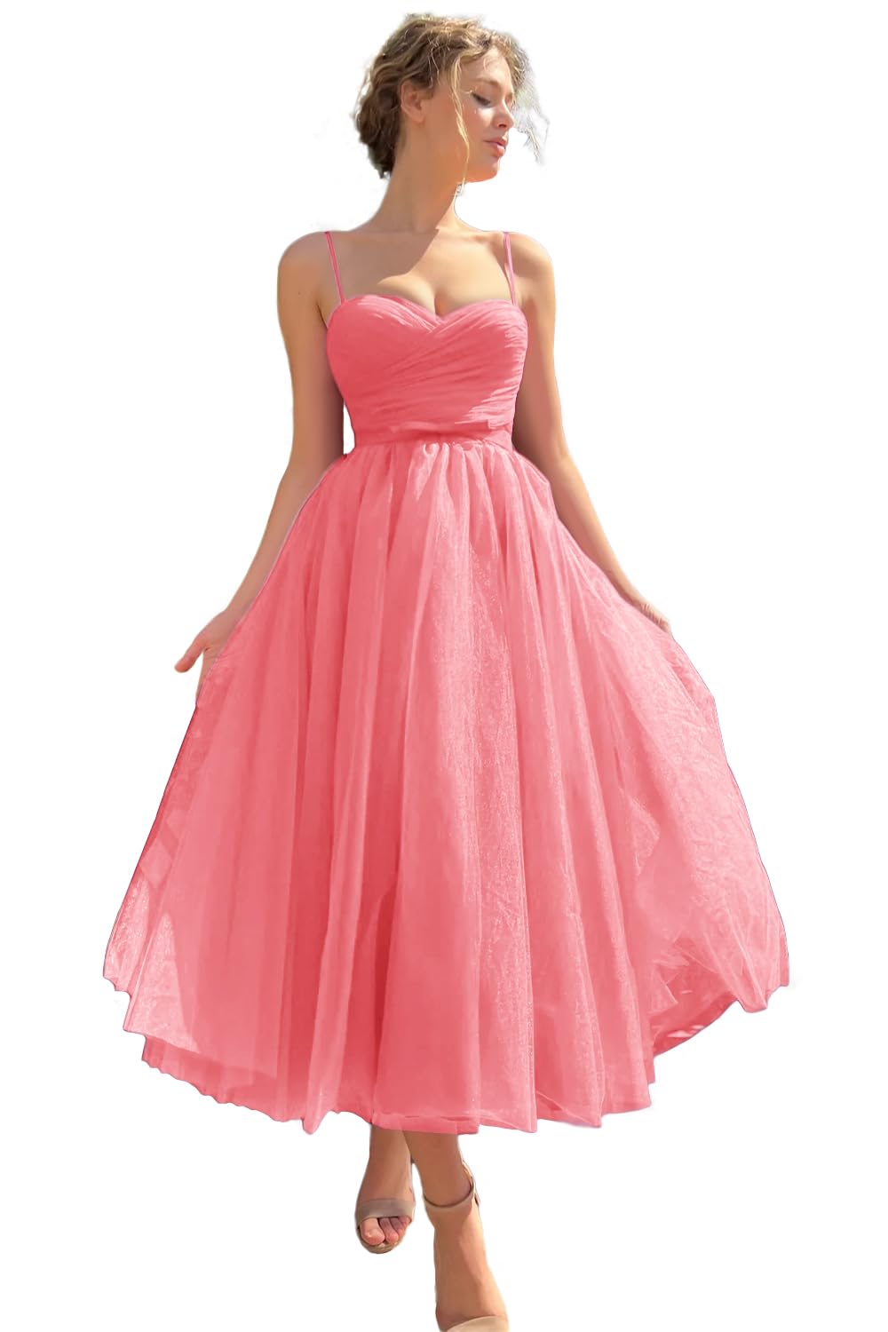 Sevintage Spaghetti Straps Tulle Prom Dress Tea Length Formal Party Evening Dress with Pockets