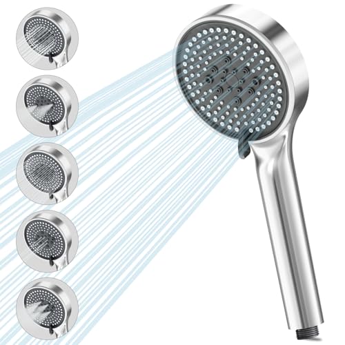 VEHHE Shower Head with 5 Spray Modes, High Pressure Shower Heads with Anti-Clogging Liquid Silicone Nozzles, Large Shower Head Chrome-Plated, Round Universal Shower Heads Handheld for Home Gym Spa