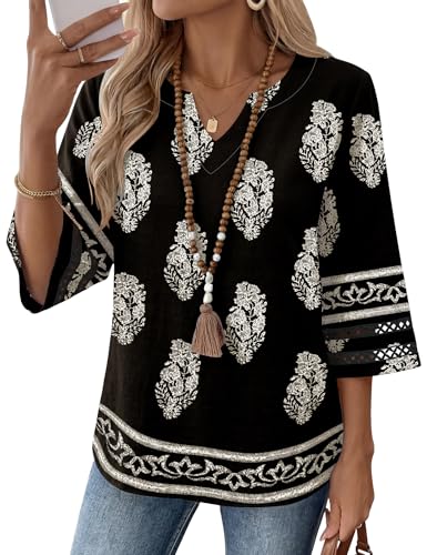 LOMON Boho Tops for Women 2026 3/4 Length Sleeve V Neck T Shirts Black Shirts for Women Dressy Casual Work Top - image 1