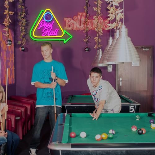 Image of Pool Hall Neon Sign for Wall Decor, Billiards Led Signs for Business, USB Dimmable 15.3 inch x 12.6 inch Neon Lights for Game Room Billiards Hall Garage Bar Club Man Cave Arcade Wall Art