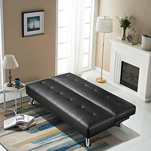 Yaheetech 3er-Sofa Couch Schlafsofa Bettsofa Klappsofa mit Schlaffunktion, Kunstleder, schwarz – Bild 5