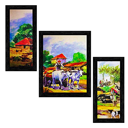 Indianara Set of 3 Indian Village Framed Art Painting (3571BK) without glass 6 X 13, 10.2 X 13, 6 X 13 INCH