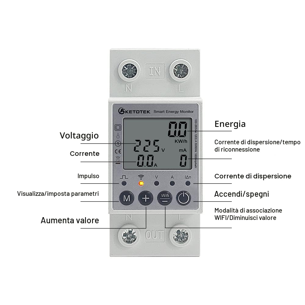 KETOTEK Contatore Energia Elettrica WiFi Misuratore Consumo Elettrico su Guida DIN Digitale Monofase KWh Meter con Tuya/Smart life APP Protezione da Sovraccarico