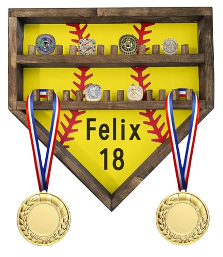 SEAKUOSKYK Personalized Baseball Softball Championship Ring Holder Display Case Custom Name Number Sports Ring Display Case Wooden 24 Ring Posts Trophy & Medal Gift Display Case for Men Dad(Yellow)