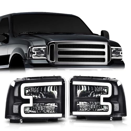 Image of GRAND ORANGE LED DRL Headlights Assembly, Compatible with Ford F250 F350 F450 F550 Super Duty 2005-2007, Fit Ford Excursion 2005, Clear Lens Black Housing Clear Reflector