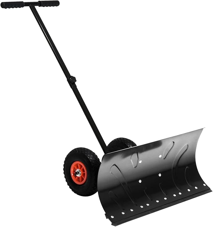 Review Outsunny Snow Shovel with Wheels, Heavy-Duty Metal Snow Pusher, Cushioned Adjustable Angle Handle Snow Removal Tool, 29″ Blade, 10″ Wheels, Black