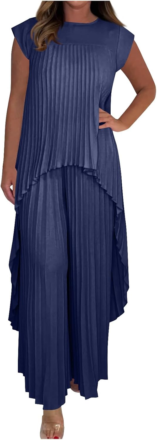 Lounge Sets for Women 2 Piece Cute Cap Sleeve Crew Neck Tops and Pleated Wide Leg Pants Set Casual Loose Sleepwear