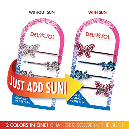 Girl's Color-Changing Hair Pins by Del Sol - Jeweled Butterfly and Daisy Hair Pins - Changes Color in the Sun
