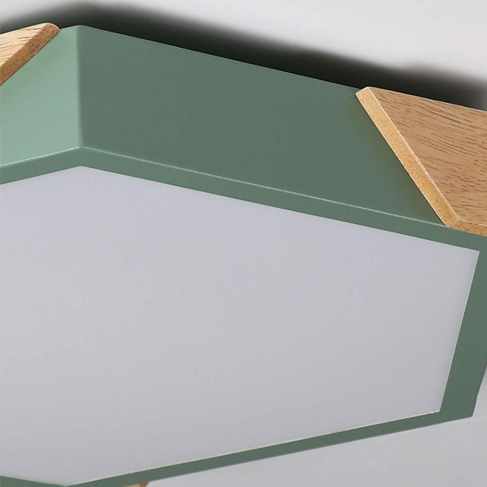 XJBTBA Green Hexagon Ceiling Light Fixture Vintage Wooden Lamp with Remote Flush Mount Dimmable for Living Room Hallway Entry Home-No Aurora dimming 40 cm