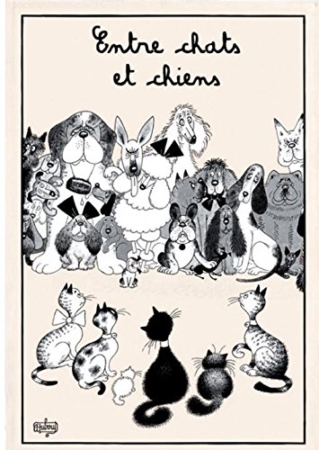 Dubout, Entre Chats et Chiens (Between Cats and Dogs) Printed French Kitchen Tea Towel, 100% Cotton