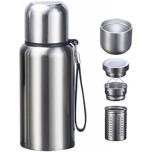 CDJ 17 oz Thermos with Tea Infuser Stainless Steel Vacuum Insulated Water Bottles with 2 Covers Flasks for Hot and Cold Drinks Large Coffee Bottle for Traval,Hiking,Camping