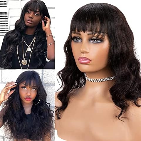 iShine Human Hair Wigs for Black Women Body Wave Wig with Fringe Brazilian Virgin Curly Human Hair 150% Density Natural Black 18 Inch Cover