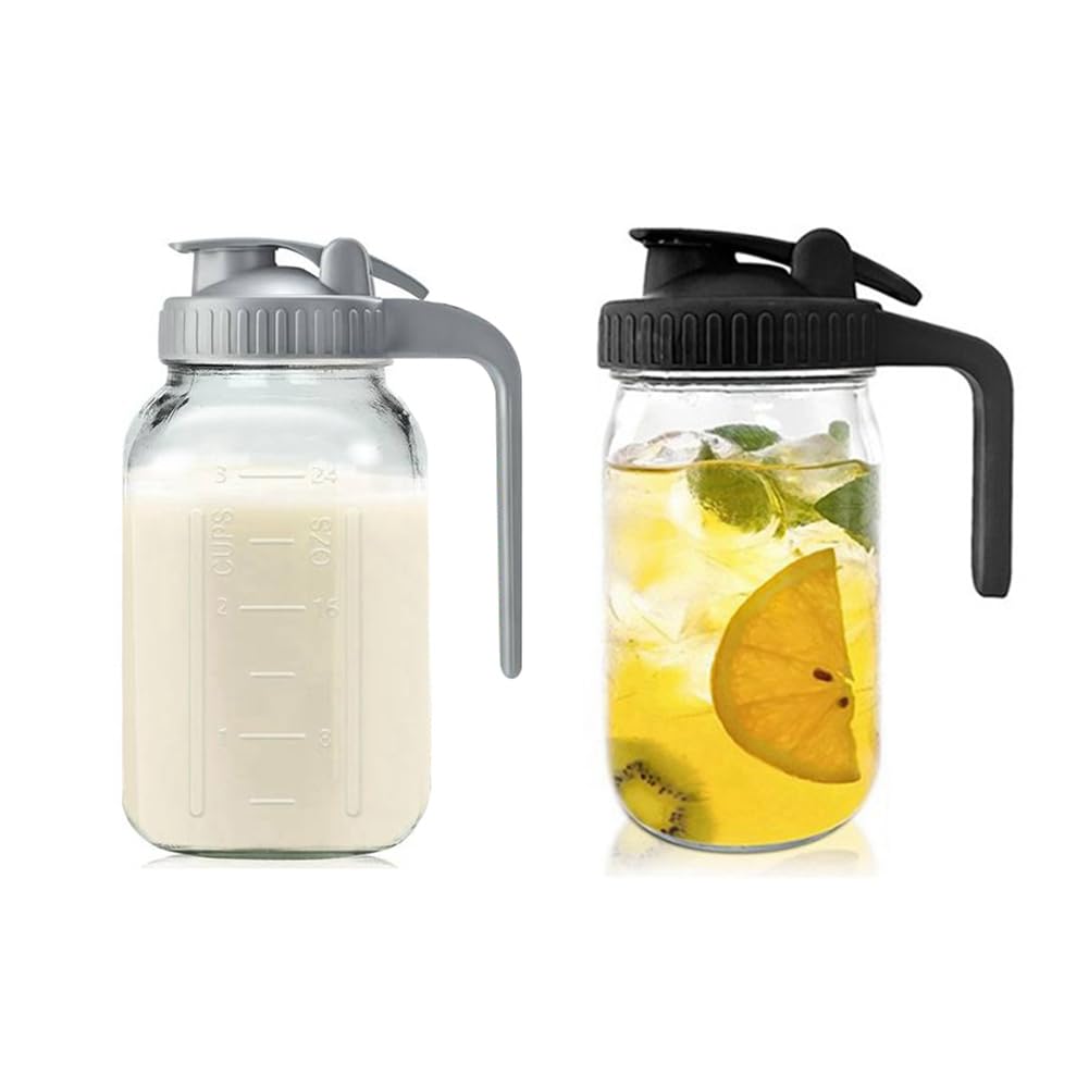 Quystetes Black & Gray 2Pack 32Oz Glass Pitcher With Lid-Creamer Container For Sun Tea, Juice, Cold Brew Coffee, Breastmilk Storage Container