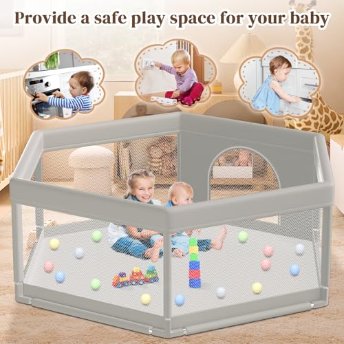 Image of Hiaksedt Large Baby Playpen 65x65 Inch, PlayPen for Babies and Toddlers Hexagonal Type Baby Play Yards for Indoor & Outdoor with Breathable Mesh Anti-Fall