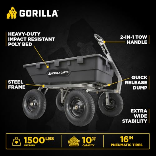 Image of Gorilla Carts Poly Dump Cart, 1500 lb. Capacity, 10 Cu Ft, Black