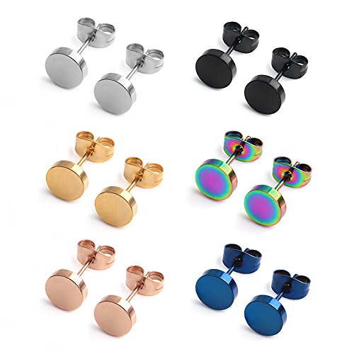 Ruifan 20G Mix Color Stainless Steel Flat Top Stud Earrings for Men Women 3-8mm 6Pairs