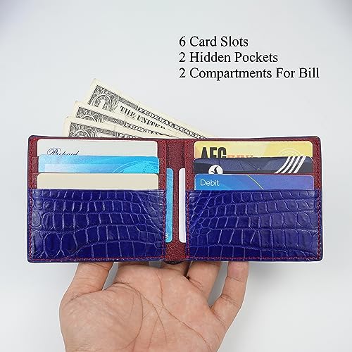 Image of HATA Light Blue Red Exotic Bifold Wallet for Men, Billfold with Mixed Leather Interior, RFID Blocking Card Holder, Handmade Gift for Birthday, Anniversary, Father's Day VIMIX-52