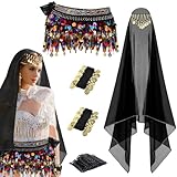 GZJINYUAN 4Pcs Belly Dancer Outfit Sets, Chiffon Head Scarf with Head Piece, Belly Dancing Hip Scarf with Sequins Coins, 2 Gold Coin Wrist Bracelets, 50 Bobby Pins, Belly Dancer Costumes for Women