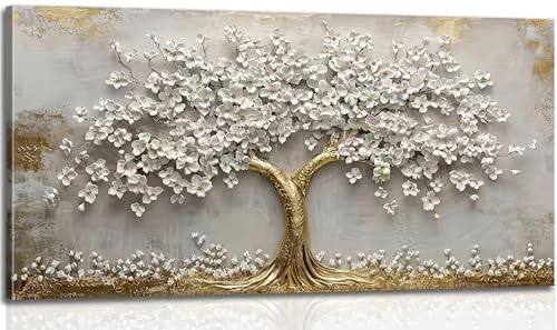 Large Tree of Life Canvas Wall Art Gold and White Flower Big Tree Painting Picture Wall Decor Botanical Floral Poster Print Artwork for Living Room Dining Bedroom