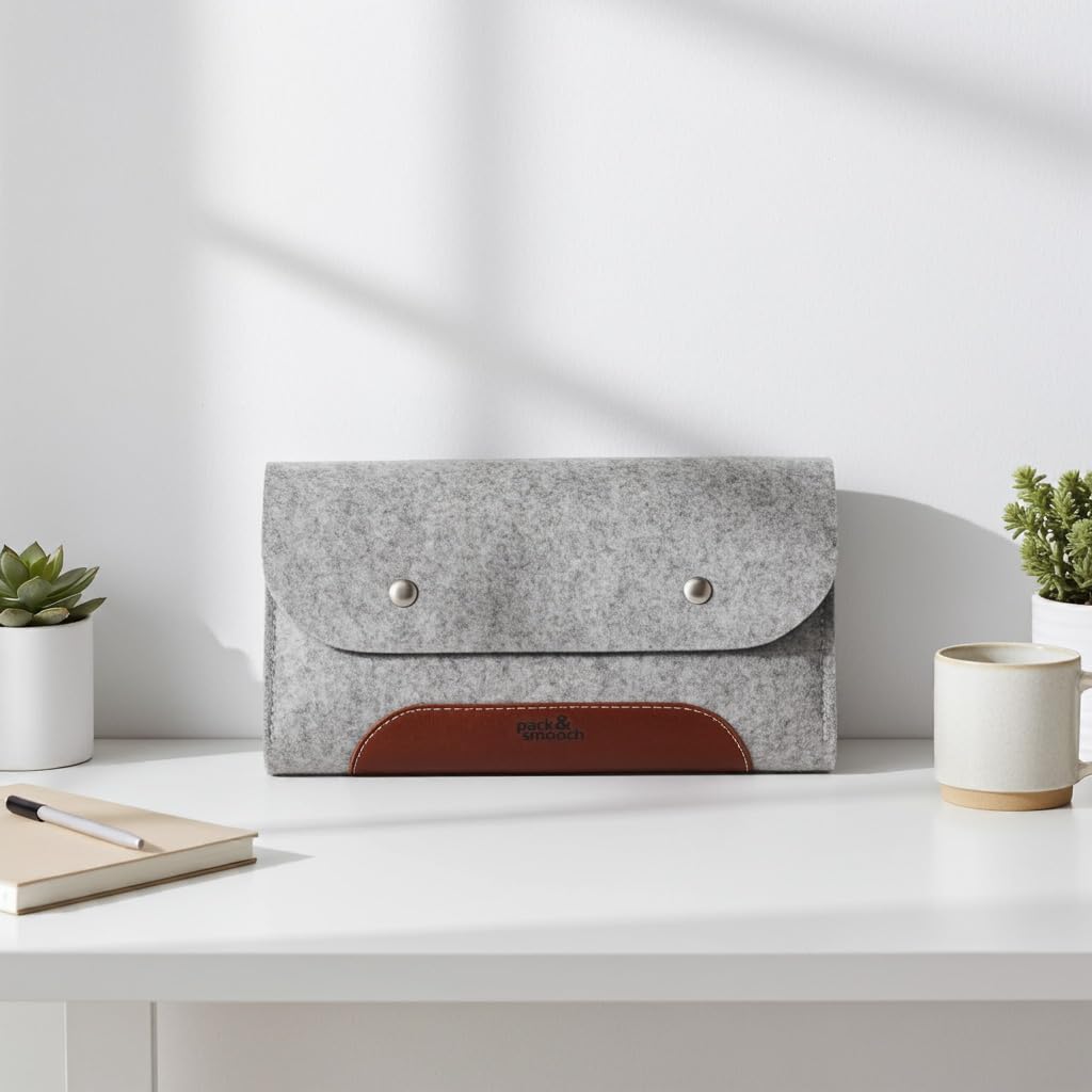 Pack & Smooch Corriedale XS Bolsa Cables Gris/Marrón Claro | 100% Fieltro de lana merino | Cuero curtido vegetal | Para accesorios MacBook/iPad
