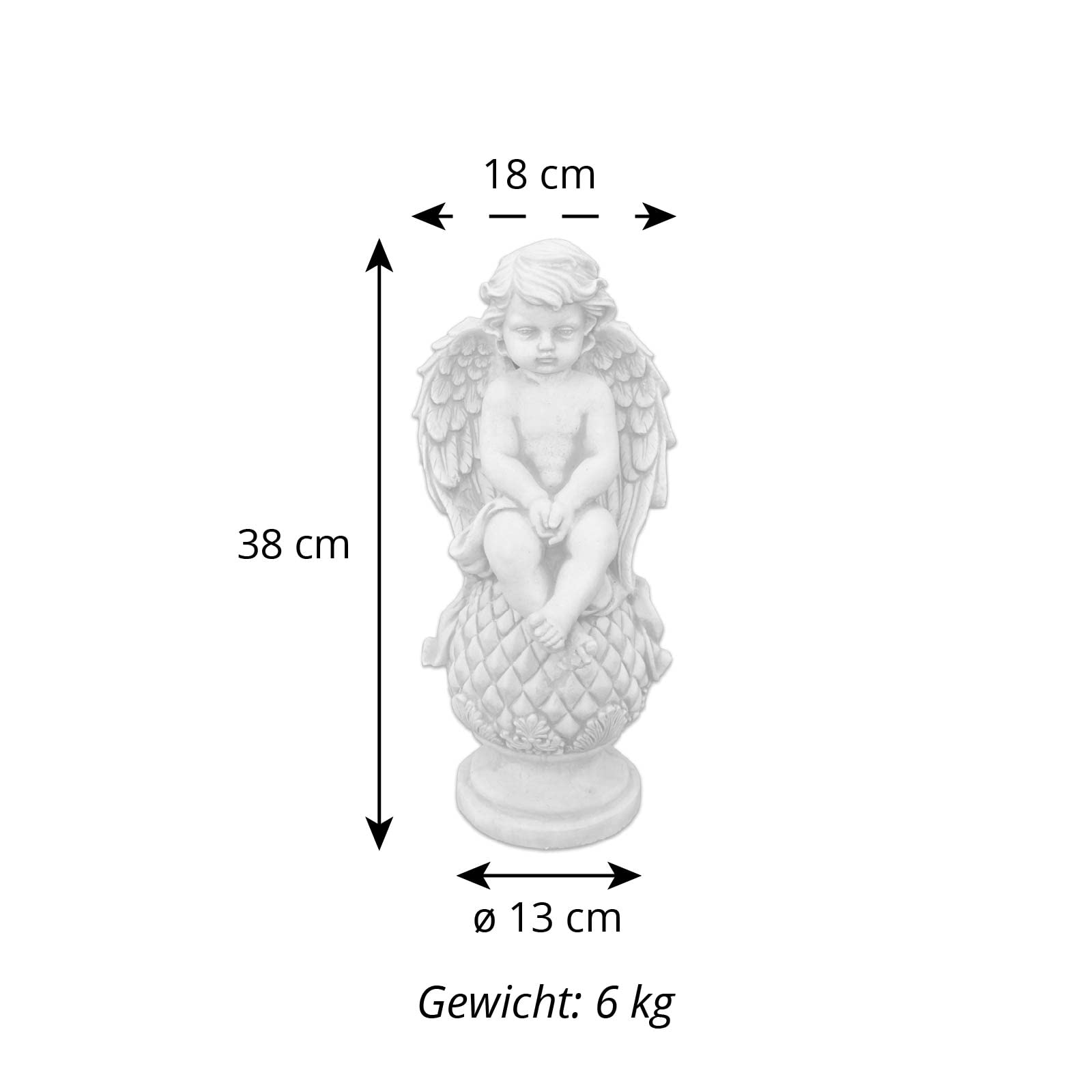 gartendekoparadies.de Engel auf Einer Kugel Grabengel, Steinfigur H. 37 cm, 7 kg, Grau, frostsicher aus Steinguss für Außenbereich