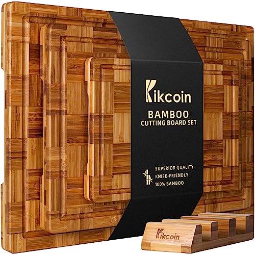 Comparison: Best Woods For Cutting Board 5 Kikcoin Extra Large Bamboo Cutting Boards, (Set of 3) Chopping Boards with Juice Groove Bamboo Wood Cutting Board Set Butcher Block for Kitchen, End Grain Serving Tray