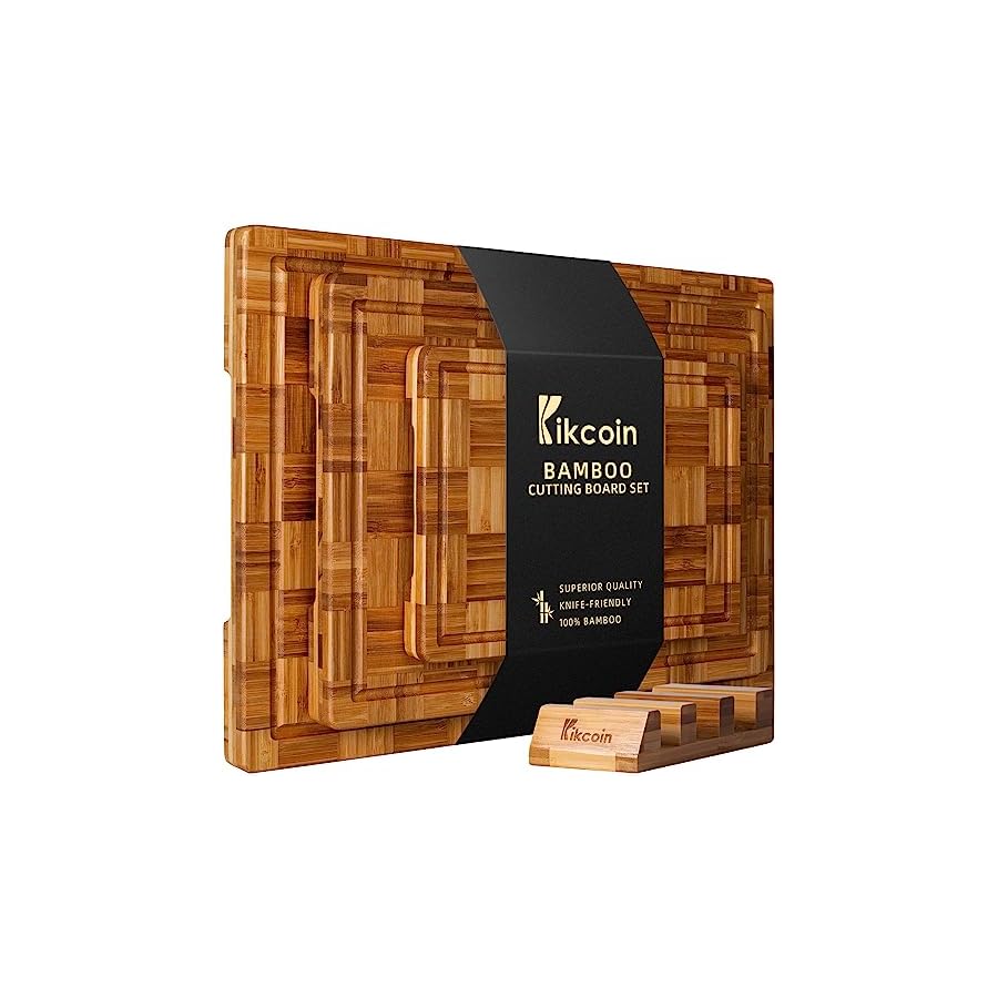 Extra Large Bamboo Cutting Boards, (Set of 3) Chopping Boards with Juice Groove Bamboo Wood Cutting Board Set Butcher Block for Kitchen, End Grain Serving Tray by Kikcoin