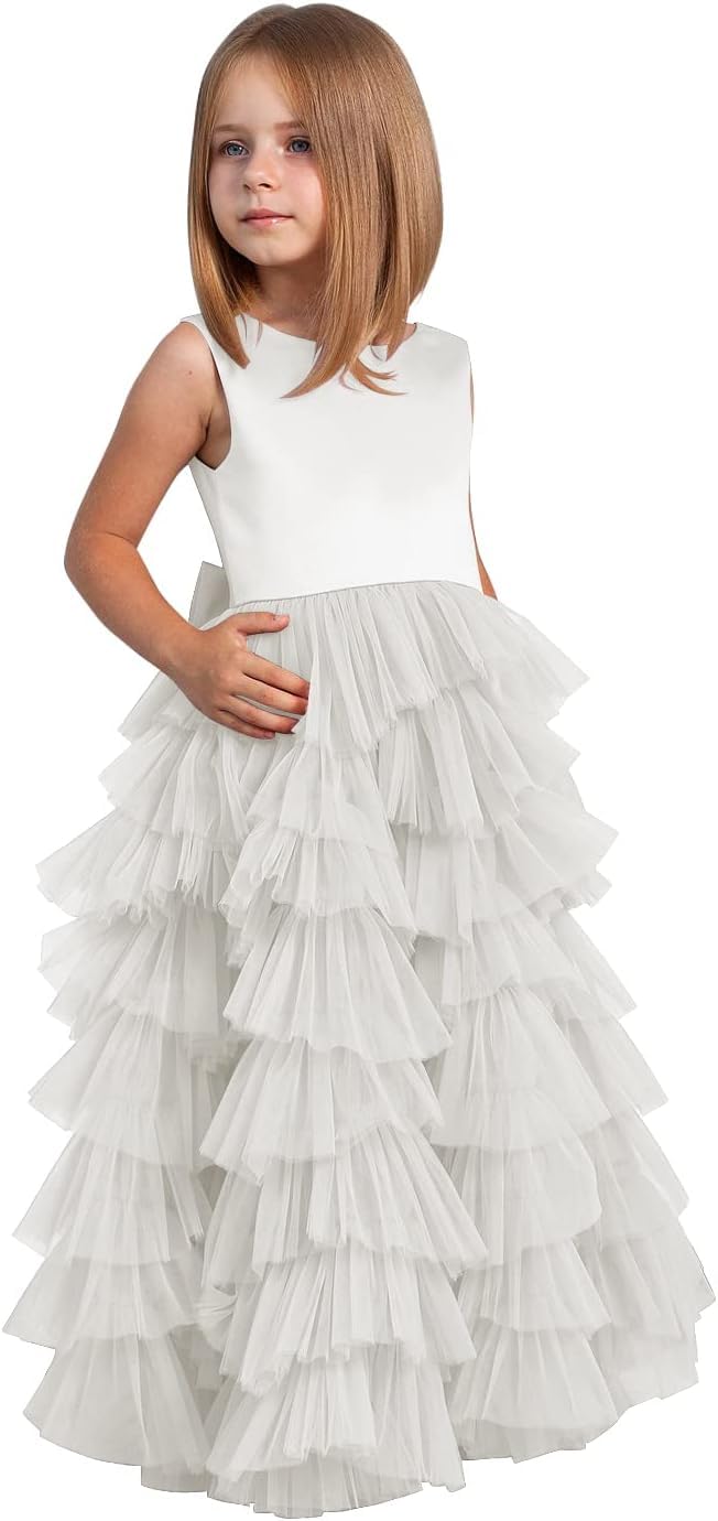 MCieloLunaFlower Girl Dresses for Wedding Bow-Knot Multilayer Puffy Tulle Pageant Princess First Communion Dresses