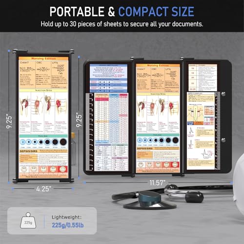 Image of Nursing Clipboard Foldable, Foldable Clip Board w /Nursing Edition Cheat Charts, 3 Layers Aluminum, Nurse Clipboards w /Low Profile Clip & Pen Clip Pocket for Students, Nurses and Doctors, Black