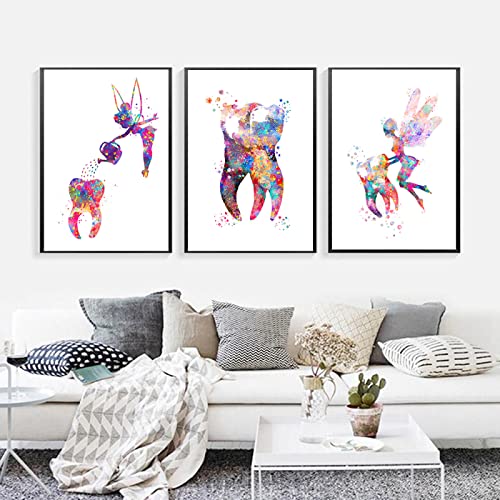 Arte Dental Hada De Los Dientes Lienzo Pintura Acuarela Pared Arte Póster Higienista Dental 3 Piezas Lienzo Impresión Dientes Pared Cuadros Clínica Decoración 30Cmx40Cm Sin Marco