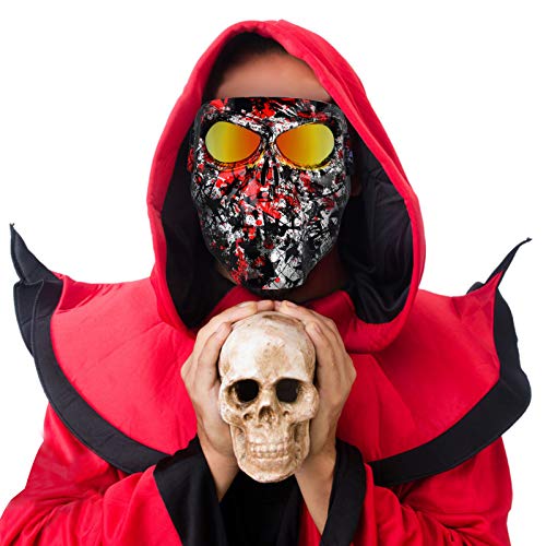 BOLLFO Airsoft Skull Mask Protective Full Face Tactical Mask for CS Airsoft Shooting Halloween Cosplay Cycling Party,Adjustable Windproof Outdoor Anti-Fog Face Mask (Skull- Black+Red Pattern)