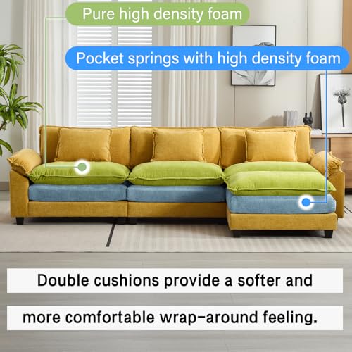 Image of Oprisen 120 inch Modular Sectional Sofa, Comfy Cloud Couch Sectional Sofa with Ottoman, Chenille Sofa Sleeper Deep Seat Sofa with Throw Pillows for Living Room (Yellow, 120 inch- L Shape)