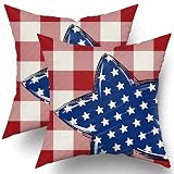 4th of July Pillow Covers 18x18 Inch Set of 2 Patriotic Themed Blue Stars Red Buffalo Plaid Print Th