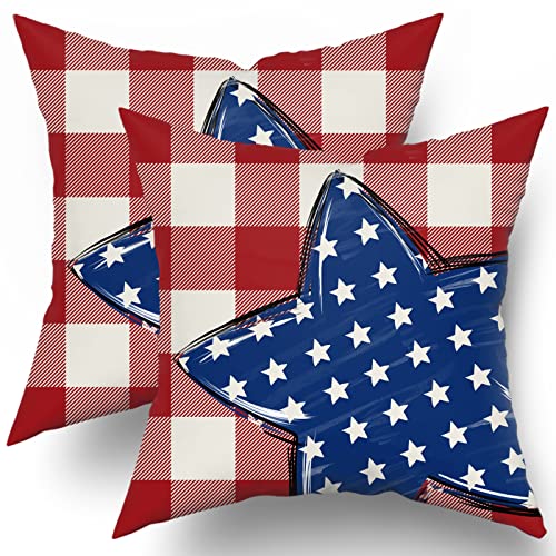 4Th Of July Pillow Covers 18X18 Inch Set Of 2 Patriotic Themed Blue Stars Red Buffalo Plaid Print Throw Pillows America Pillow Case Cotton Square Cushion Cover Decor For Couch Bed Living Room Sofa #TOP25