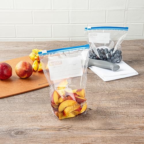 Image of Restaurantware-Bag Tek 1 Quart Freezer Slider Bags, 25 Disposable Zipper Pouch Bags - Slide Zipper, Expandable Bottom, Clear Plastic Freezer Bag, With Write-On-Label, For Food Storage