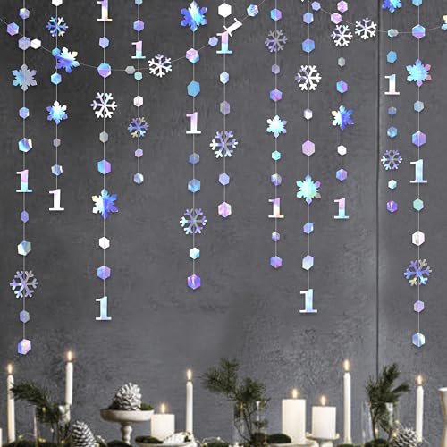 Image of 52Ft Winter Onederland Birthday Decorations Iridescent Snowflakes 1st Holographic Paper Snowflakes Garland Streamer for Winter Wonderland Christmas Frozen Snowflake First Birthday Party Supplies