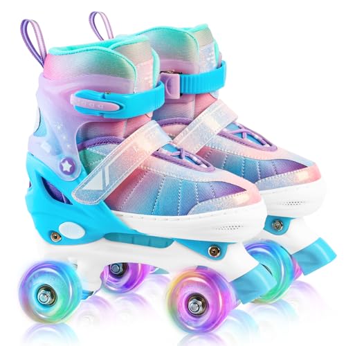 LEVYTEMP Patines de ruedas arcoíris para niñas y niños, color azul degradado, 4 tamaños, patines cuádruples ajustables, tamaño pequeño de 5 a 8 años, con todas las ruedas iluminadas para niños
