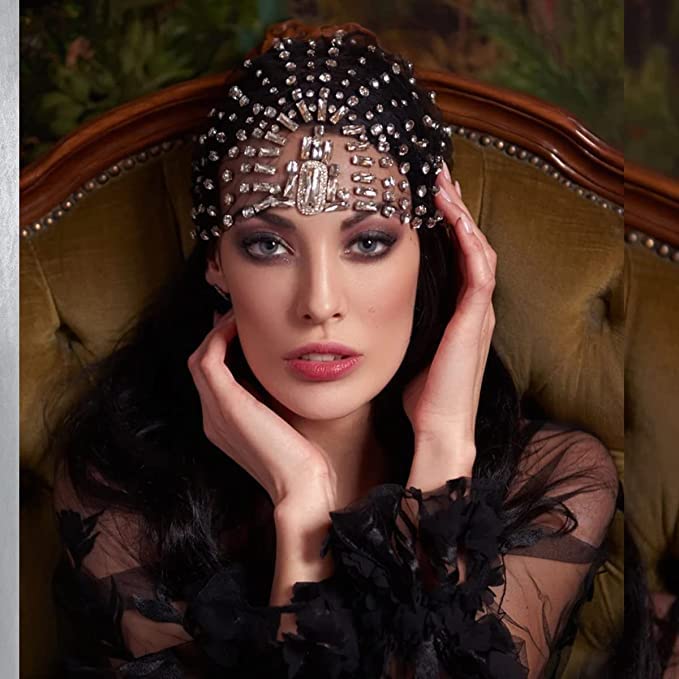 Generic1920s Crystal Flapper Headpiece Cap for women Bridal Rhinestone Mesh Headband Cleopatra Costume Hair Accessories