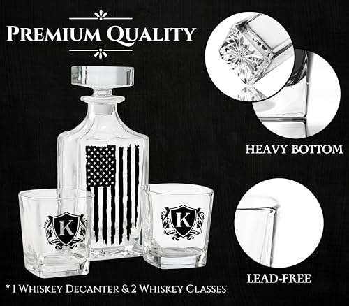 Onebttl American Flag Whiskey Decanter Set – 750ml Personalized Decanter with 2 Glasses, Gift for Men, Dad, Veteran – Birthday, Father's Day, Patriotic Gift, J - Image 6