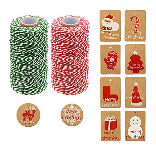SGAONSN cuerda roja y verde, 2 rollos x 328 pies 100 % hilo de algodón duradero, perfecto para hornear, carniceros, con 10 tarjetas de Navidad como bono, Rojo y verde Cover