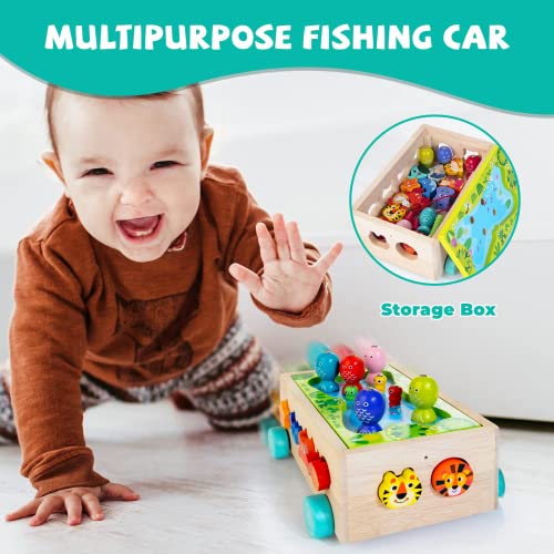 Wooden Montessori Toys For 1 Year Old Toddlers, 5 In 1 Magnetic Fishing Game Car With Animal Blocks, Shape Sorter Toys For Toddlers Age 1 2 3, Preschool Fine Motor Skills Toys Gift For Baby Boys Girls #TOP4