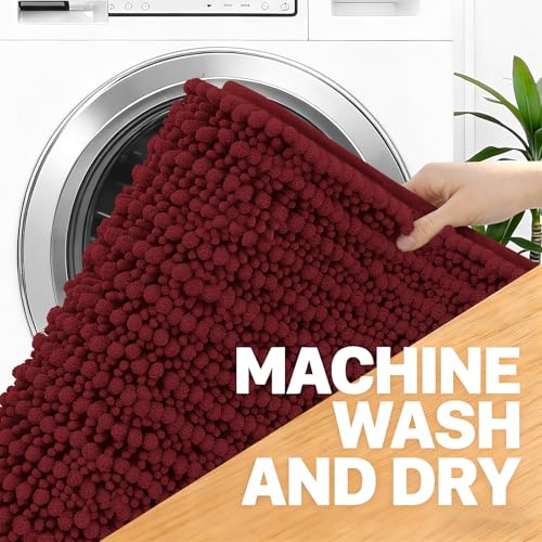 Image of OLANLY Long Bathroom Rugs Runner 47x24, Thick Soft and Absorbent Chenille Bath Mat, Non-Slip, Machine Washable Quick Dry Bath Rugs for Tub Shower Floor, Home Decor Accessories, Burgundy