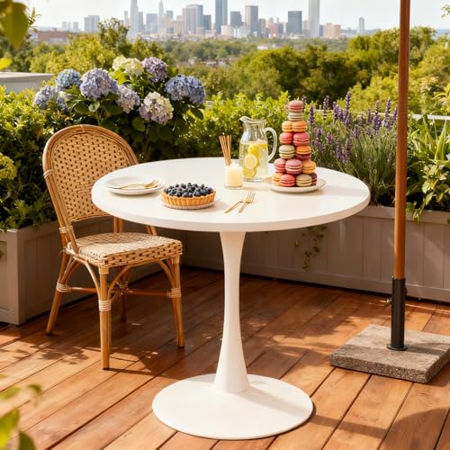 FURNISH 1 Table de Salle à Manger Ronde Blanche pour Patio, en Bois et Métal Robustes, Pouvant Accueillir de 2 à 4 Personnes pour Les Repas de Famille dans...