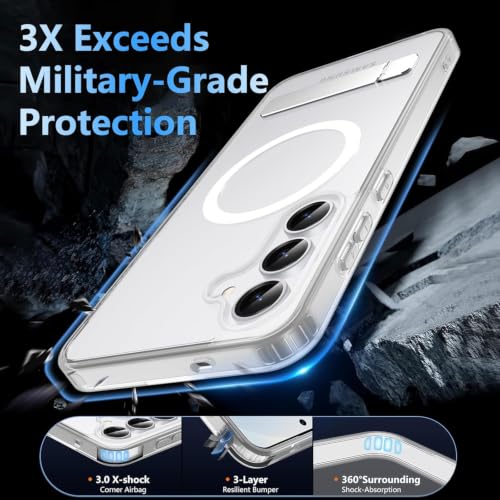 Image of Elzzi MagSafe Compatible Case for Samsung S25 FE Translucent Matte Bottom Kickstand Shockproof Slim Anti-Fingerprint Magnetic Hybrid Protective Cover (White)