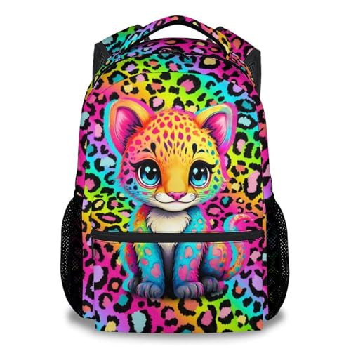NICEFORNICE School Backpack for Girls - 17 Inch Kids Cheetah Backpacks Ages 6-8 - Cute Rainbow Leopard Print School Bag for Kindergarten