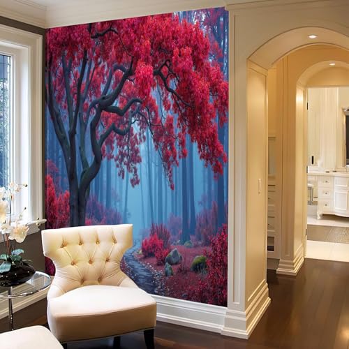 Papier peint forêt brumeuse rouge pour dynamiser un mur de salon sombre