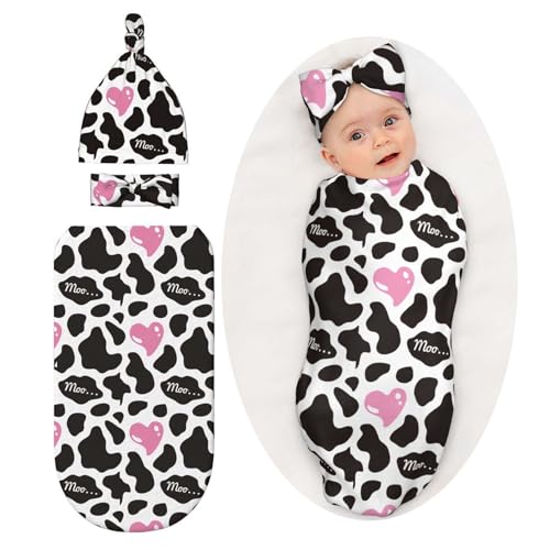 Image of Cow Print Pink Heart Baby Stuff Swaddle Blanket Wrap Baby Newborn Blanket Soft Sleep Sack Stretchy with Headband Hat Set Gift for Infant Boy Girl