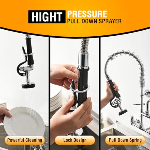 Image of GIMILI Commercial Sink Faucet with Sprayer, 25 inch Height 8 Inch Center Pull Down Wall Mount Faucet for Restaurant, Kitchen, Industrial, Farmhouses Sink