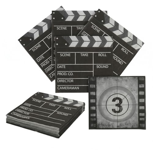 UOCAI 40 PCS servilletas tema cine realista 33 x 33 cm doble cara con diseño claqueta para noche de cine cumpleaños movie night fiesta temática mesa dulce buffet palomitas y decoración de mesa