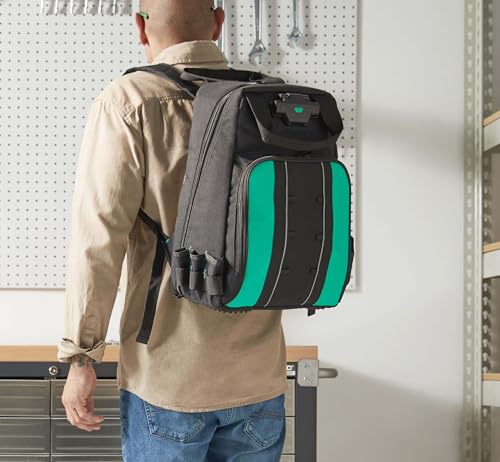 Image of Amazon Basics Tool Backpack with LED Light, 55 Pockets, Padded Shoulder Straps, Tool Storage Bag, Black